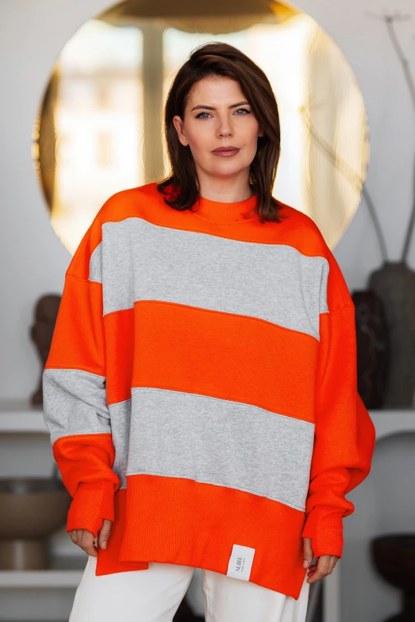 BLUZA STÓJKA ZERAYA - PASKI SZARY MELANŻ + ORANGE