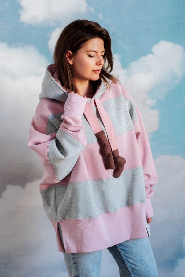 BLUZA KAPTUR ZERAYA - PASKI SZARY MELANŻ + SUBTELNY RÓŻ