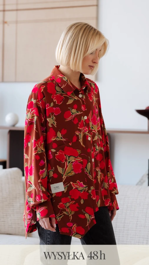 KOSZULA LULU OVERSIZE KRÓTKA / KWIATY FUKSJA