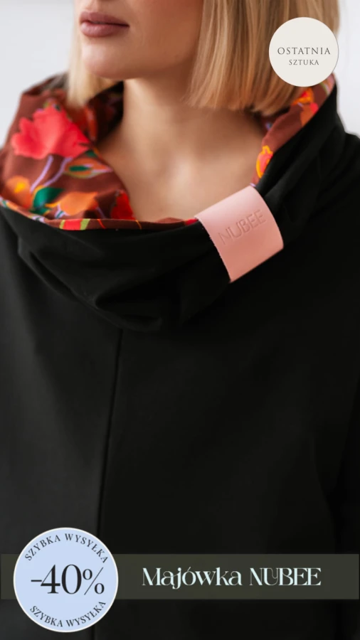 BLUZA Z KOMINEM -NUBLOUSE CZARNY - KWIATY POMARAŃCZ
