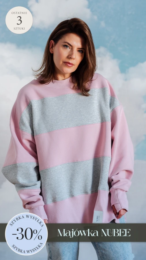 BLUZA STÓJKA ZERAYA - PASKI SZARY MELANŻ + SUBTELNY  RÓŻ