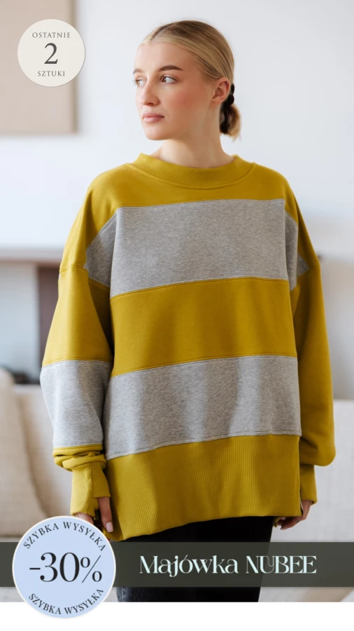 BLUZA STÓJKA ZERAYA - PASKI SZARY MELANŻ + GOLDEN LIME