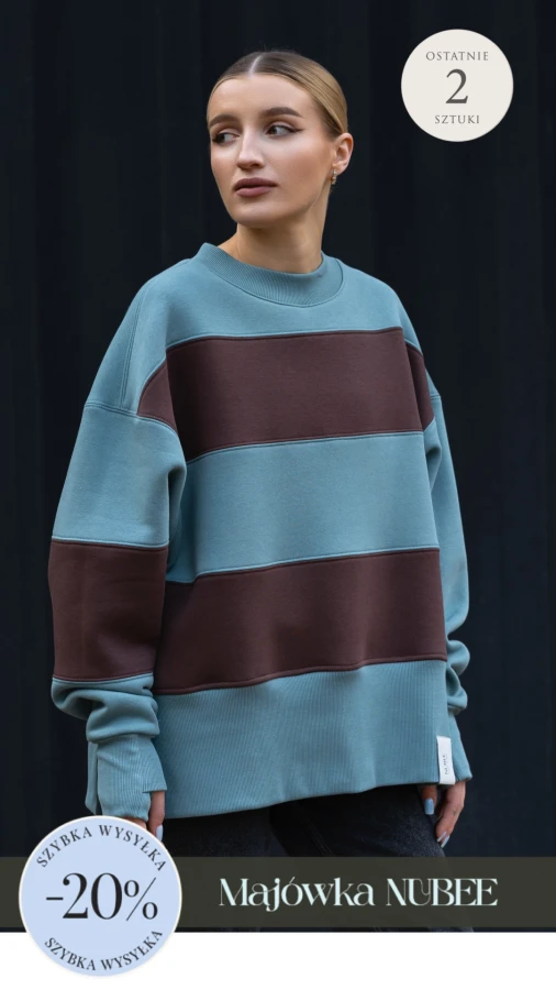 BLUZA STÓJKA ZERAYA - PASKI NIEBO + CZEKOLADA