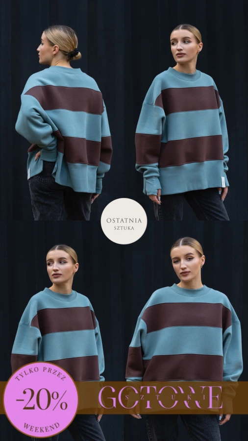 BLUZA STÓJKA ZERAYA - PASKI NIEBO + CZEKOLADA