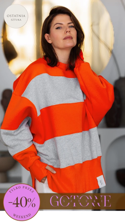 BLUZA STÓJKA ZERAYA - PASKI SZARY MELANŻ + ORANGE