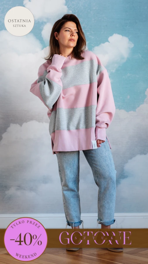 BLUZA STÓJKA ZERAYA - PASKI SZARY MELANŻ + SUBTELNY  RÓŻ