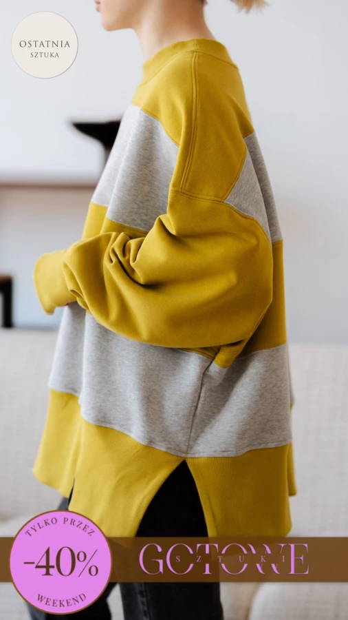 BLUZA STÓJKA ZERAYA - PASKI SZARY MELANŻ + GOLDEN LIME