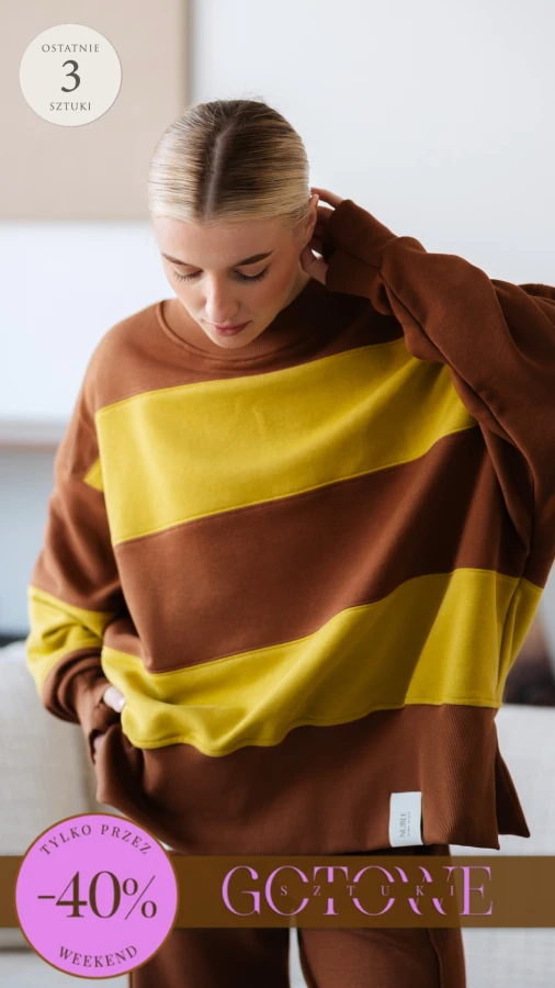 BLUZA STÓJKA ZERAYA - PASKI TOFFIE + GOLDEN LIME
