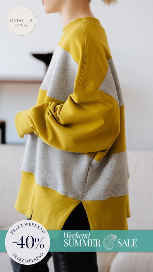 BLUZA STÓJKA ZERAYA - PASKI SZARY MELANŻ + GOLDEN LIME