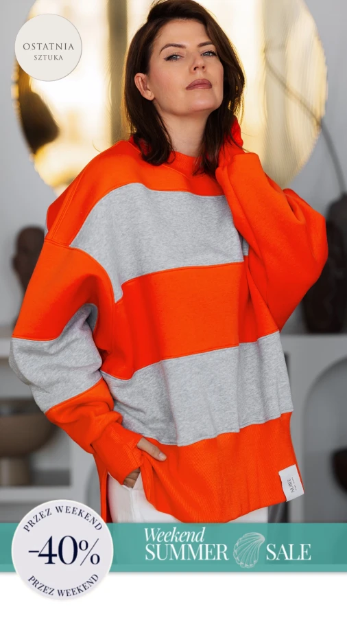 BLUZA STÓJKA ZERAYA - PASKI SZARY MELANŻ + ORANGE