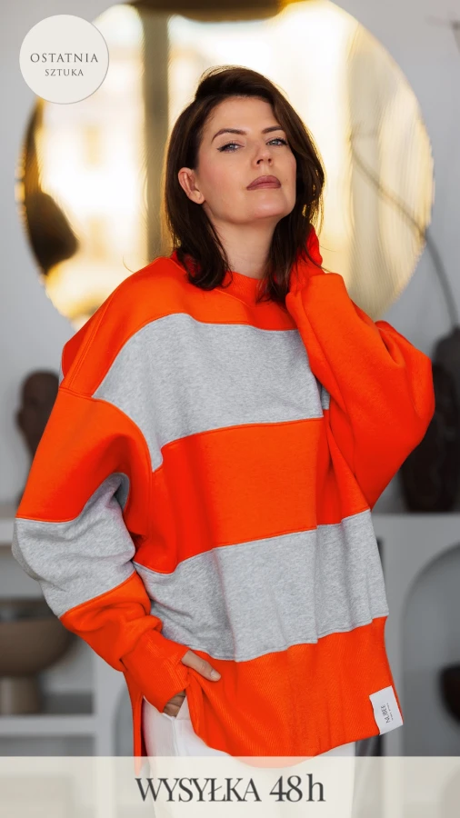 BLUZA STÓJKA ZERAYA - PASKI SZARY MELANŻ + ORANGE
