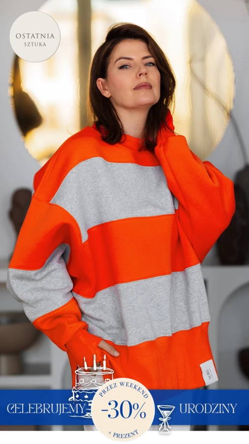 BLUZA STÓJKA ZERAYA - PASKI SZARY MELANŻ + ORANGE