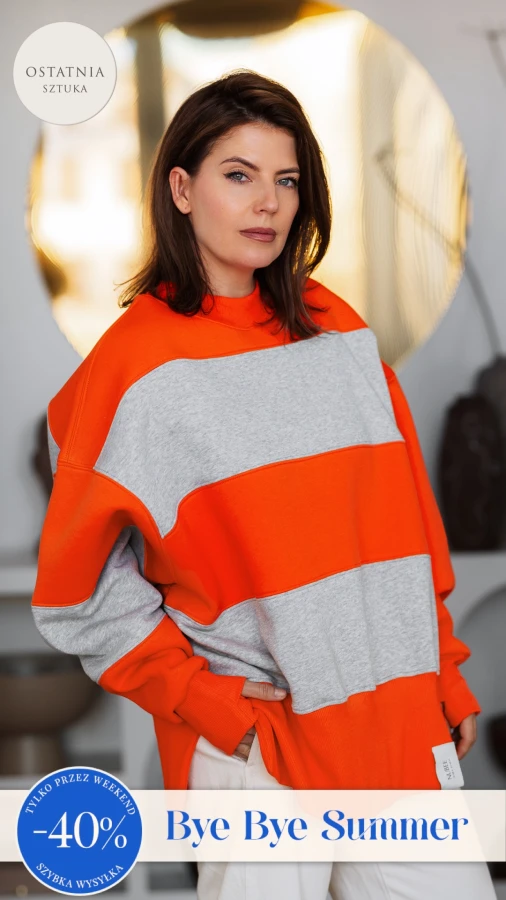 BLUZA STÓJKA ZERAYA - PASKI SZARY MELANŻ + ORANGE