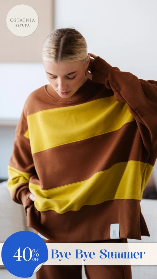 BLUZA STÓJKA ZERAYA - PASKI TOFFIE + GOLDEN LIME