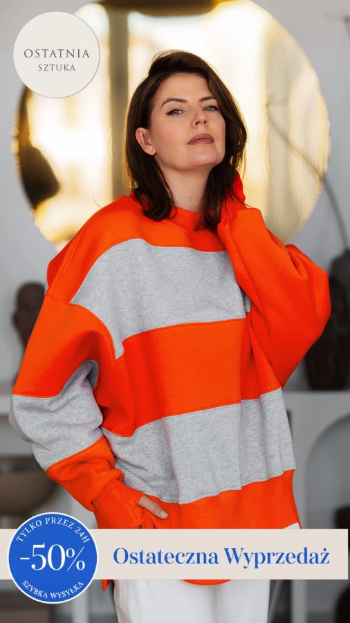 BLUZA STÓJKA ZERAYA - PASKI SZARY MELANŻ + ORANGE