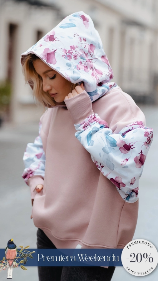  Bluza LOVE z kapturem + kwieciste detale dzianina